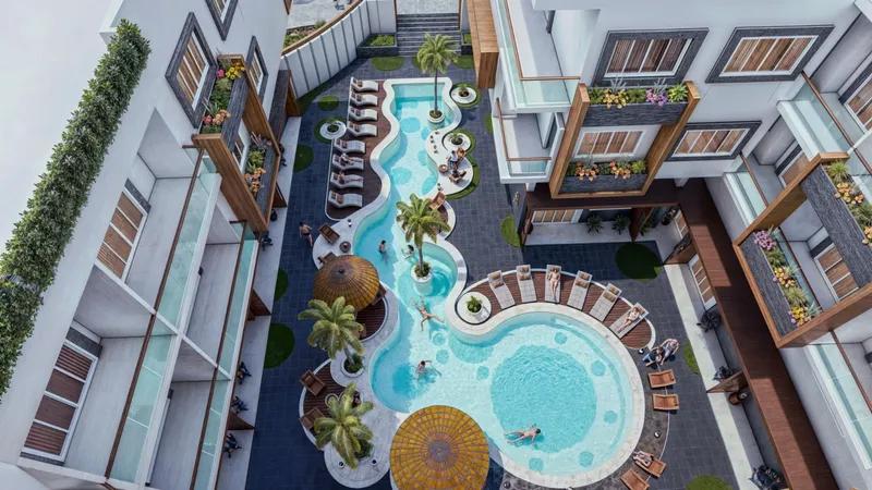 شقة 1 غرفة وصالة 60م بإطلالة على المسبح مجاويش